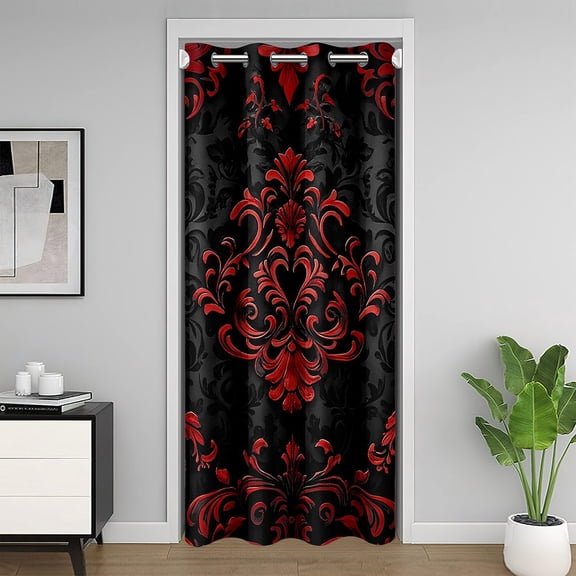 Manfei Victorian Damask Door Curtain For Doorways 42x84, Vintage Baroque Floral Black Out Curtain, Black Red Door Curtain Hanging Decoration, Breathable Bedroom Decor