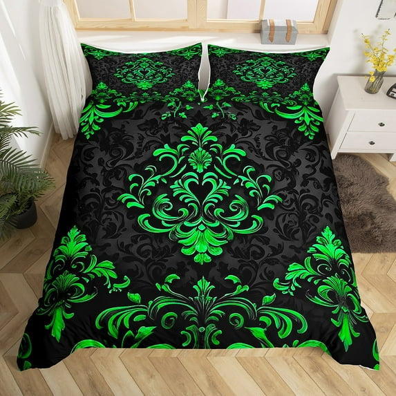 Manfei Victorian Damask Duvet Cover Toddler, Vintage Baroque Floral Bedding Sets Toddler Size, Black Green Comforter Cover Toddler, Breathable Bedroom Decor, Zipper Closure and Reversible 2 Pieces