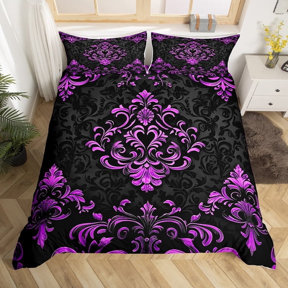Manfei Victorian Damask Duvet Cover Toddler, Vintage Baroque Floral Bedding Sets Toddler Size, Black Purple Comforter Cover Toddler, Breathable Bedroom Decor, Zipper Closure and Reversible 2 Pieces