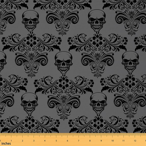 Manfei Victorian Damask Fabric by the Yard (3 Yards), Gothic Sugar Skull Decorative Fabric by the Yard, Baroque Gray Black DIY Fabric