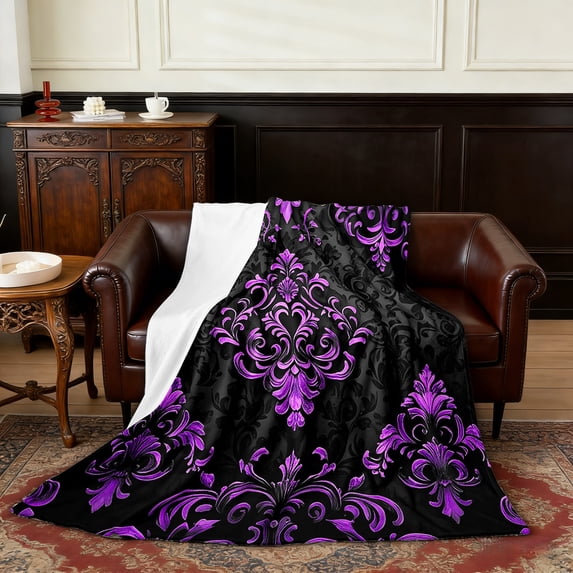 Manfei Victorian Damask Flannel Blanket 40x50, Vintage Baroque Floral Sherpa Throw, Black Purple Plush Throw Blanket, Breathable Bedroom Decor