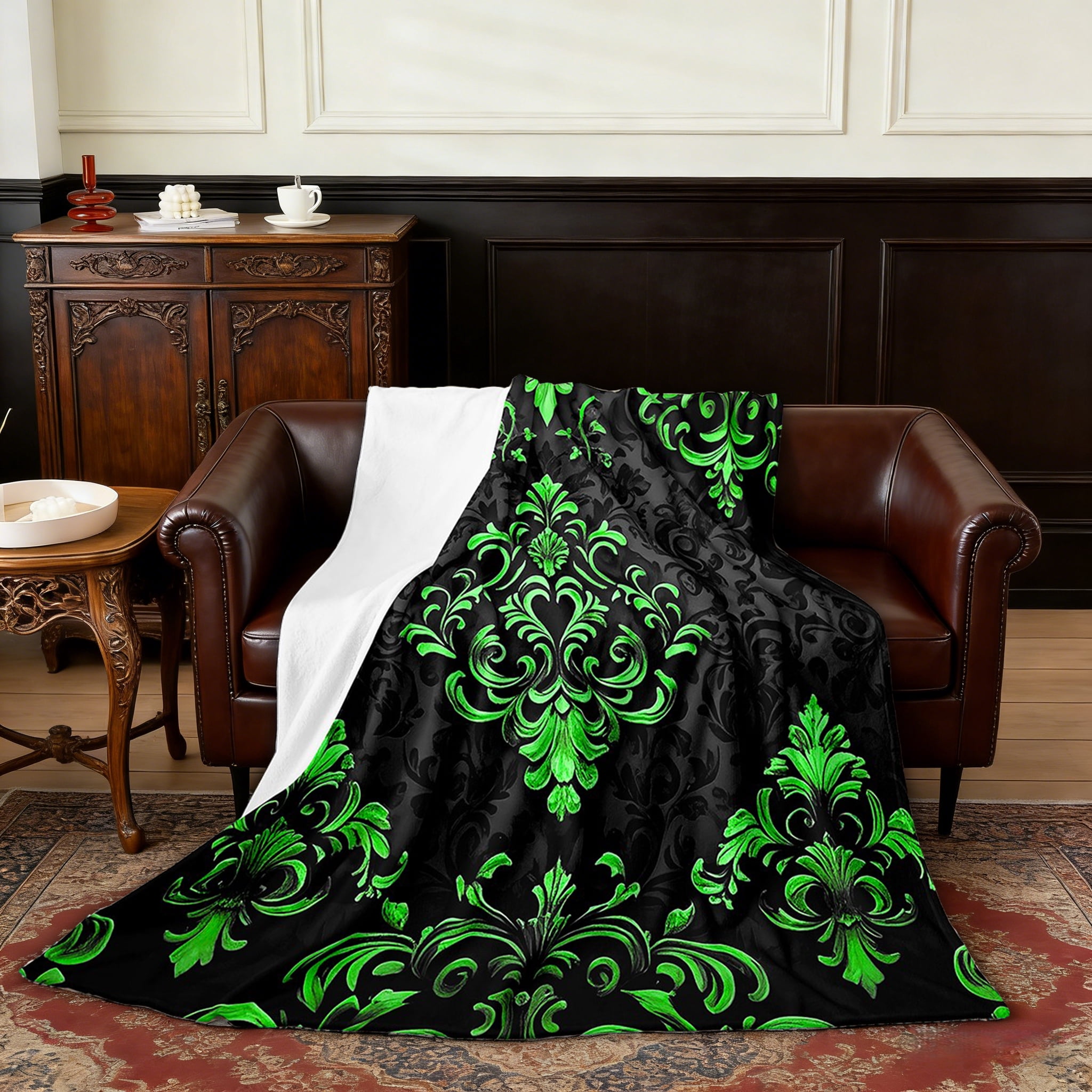 Manfei Victorian Damask Flannel Blanket 90x90, Vintage Baroque Floral Sherpa Throw, Black Green Plush Throw Blanket, Breathable Bedroom Decor