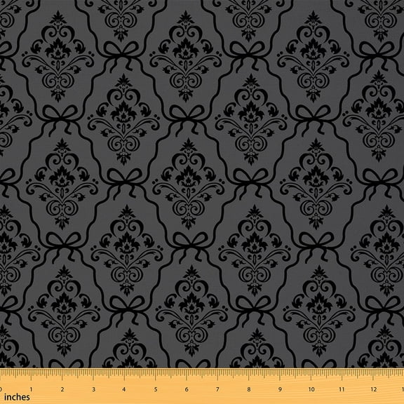 Manfei Victorian Damask Floral Sewing & Crafting Fabric (3 Yards), Bowknot Patchwork Home Decor Fabric by the Yard, Gray Black DIY Fabric