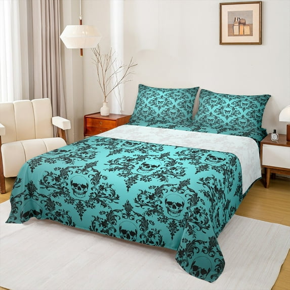 Manfei Victorian Damask Full Size Sheets, Black Cyan Bohemian Bed Sheets, Halloween Sugar Skull Sheet Sets, Luxury Bedroom Decor4 Pieces