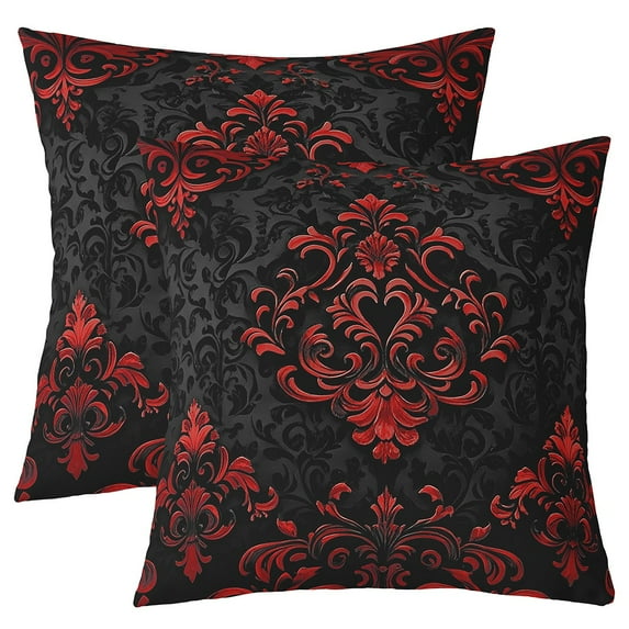 Manfei Victorian Damask Pillow Cases Set of 2, Vintage Baroque Floral Cushion Covers 18x18, Black Red Cushion Covers for Sofa, Breathable Bedroom Decor