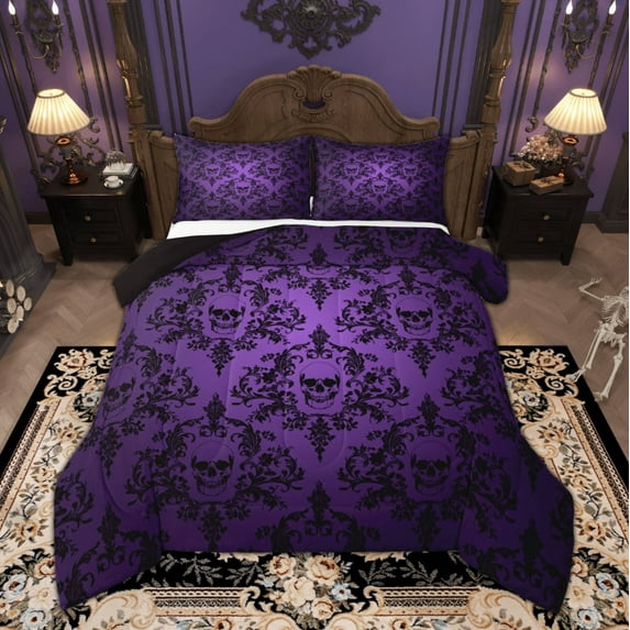 Manfei Victorian Damask Queen Comforter Set, Black Purple Bohemian Bedding Sets, Halloween Sugar Skull Bedding Comforter Set, Ultra Soft Home Decor, 3-Piece Reversible