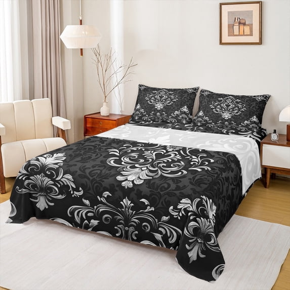 Manfei Victorian Damask Queen Sheet Sets, Vintage Baroque Floral Bedding Queen Size, Black Gray Fitted Sheet, Breathable Bedroom Decor, 4 Pieces