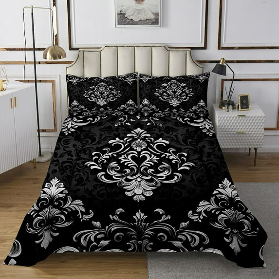 Manfei Victorian Damask Quilt Sets for Queen Size Bed, Vintage Baroque Floral Bed Set, Black Gray Quilt Bedding Set, Breathable Bedroom Decor, 3pcs