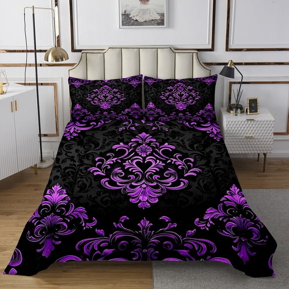 Manfei Victorian Damask Quilt Sets for Queen Size Bed, Vintage Baroque Floral Bed Set, Black Purple Quilt Bedding Set, Breathable Bedroom Decor, 3pcs