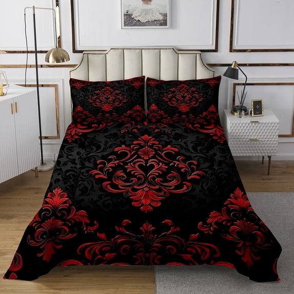 Manfei Victorian Damask Quilt Sets for Queen Size Bed, Vintage Baroque Floral Bed Set, Black Red Quilt Bedding Set, Breathable Bedroom Decor, 3pcs