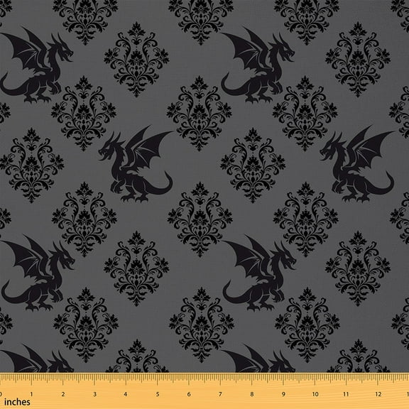 Manfei Victorian Damask Sewing & Crafting Fabric (3 Yards), Magic Dragon Home Decor Fabric by the Yard, Black Gray