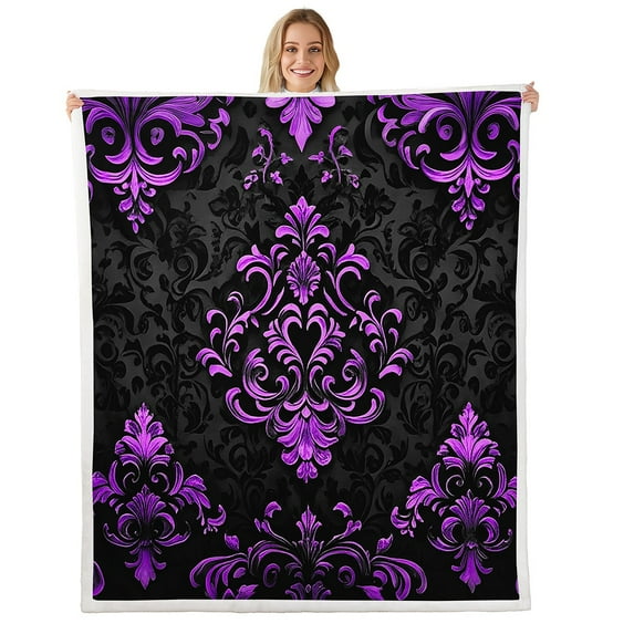 Manfei Victorian Damask Sherpa Blanket 50x60, Vintage Baroque Floral Fuzzy Blanket Throw, Black Purple Flannel Blanket, Breathable Bedroom Decor