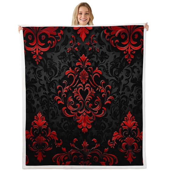 Manfei Victorian Damask Throw Blanket for Couch 30x40, Vintage Baroque Floral Plush Blanket, Black Red Fleece Throw, Breathable Bedroom Decor