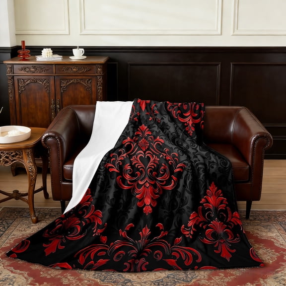 Manfei Victorian Damask Throw Blanket for Couch 60x80, Vintage Baroque Floral Plush Blanket, Black Red Flannel Throw, Breathable Bedroom Decor