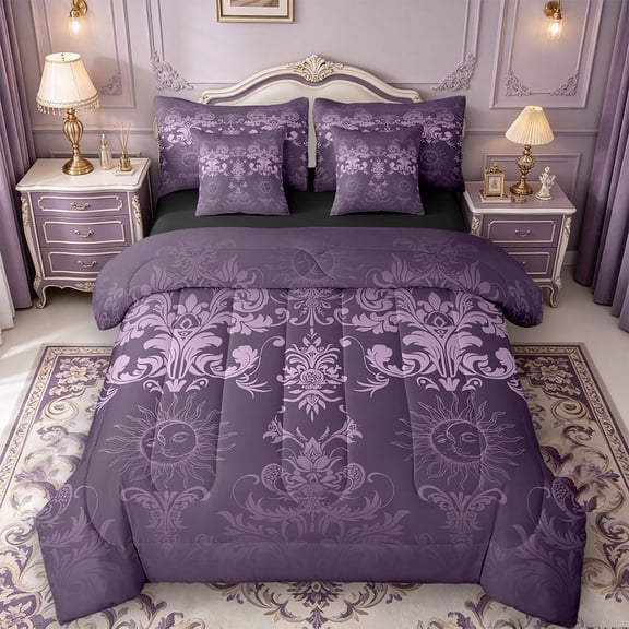 Manfei Victorian Damask Twin Bedding Sets 7 Pieces,Retro Sun Flower Bedding Comforter Set 7 Pieces,Vintage Gothic Floral Sheet Sets For Men Women,,Lightweight Room Decorative Reversible