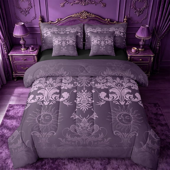 Manfei Victorian Damask Twin Bedding Sets 7 Pieces,Retro Sun Flower Bedding Comforter Set 7 Pieces,Vintage Gothic Floral Sheet Sets For Men Women,,Lightweight Room Decorative Reversible