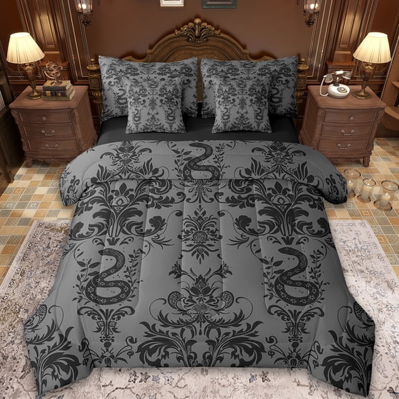 Manfei Victorian Damask Twin Bedding Sets 7pcs,Black Snake Bedding Comforter Set 7pcs,Vintage Gothic Floral Sheet Sets For Men Women,,Lightweight Room Decorative Reversible