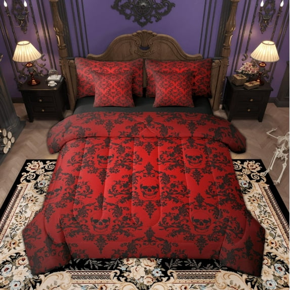 Manfei Victorian Damask Twin Bedding Sets, Black Red Bohemian Bedding Comforter Set, Halloween Sugar Skull Sheet Sets, Lightweight Room Decor Reversible 7 Pieces