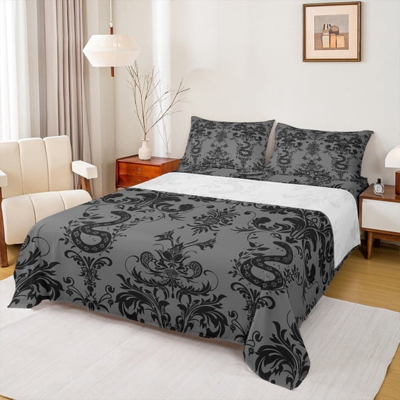 Manfei Victorian Damask Twin Sheet Sets,Black Snake Twin Fitted Sheet,Vintage Gothic Floral Flat Sheet For Men Women,,Lightweight Room Decorative,3pcs