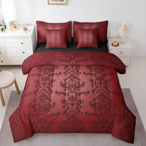 Manfei Victorian Flower 7-Piece Twin Bedding Sets,Retro Damask Theme Bedding Comforter Set,Red Black Sheet Sets For Men Women,,Lightweight Room Decorative Reversible