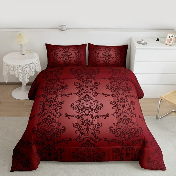 Manfei Victorian Flower Twin Comforter Set,Retro Damask,Red Black,2-Piece Lightweight Reversible