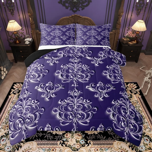 Manfei Victorian Flower Bedding Comforter Set,Vintage Damask Floral Twin Comforter Sets,Purple White Bedding Set For Men Women,,Lightweight Room Decorative Reversible,2 Pieces