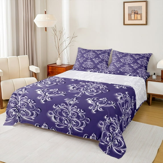 Manfei Victorian Flower Queen Sheet Sets,Vintage Damask Floral Flat Sheet,Purple White Queen Fitted Sheet For Men Women,,Lightweight Room Decorative,4-Piece