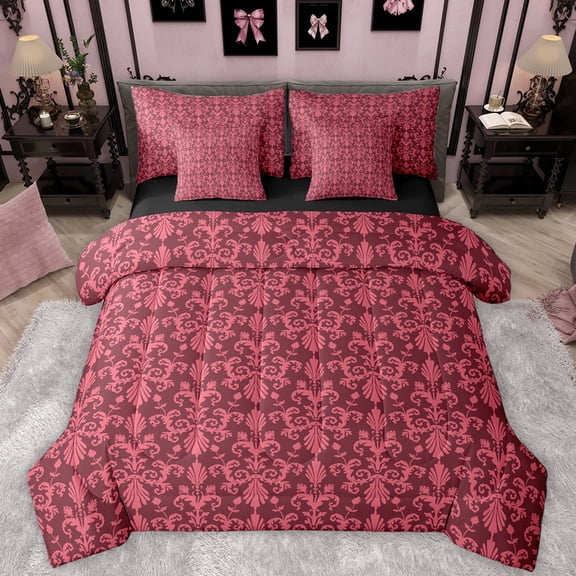 Manfei Victorian Pattern 7-Piece Bedding Comforter Set,Damask Jacquard King Bedding Sets,Pink Black Bed Sheets For Girls Teens,Breathable Home Decor Reversible