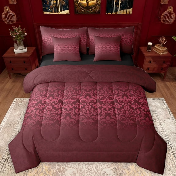 Manfei Victorian Pattern 7pcs Bedding Comforter Set,Damask Jacquard Queen Bedding Sets,Black Red Queen Sheet Sets For Girls Teens,Breathable Home Decor Reversible