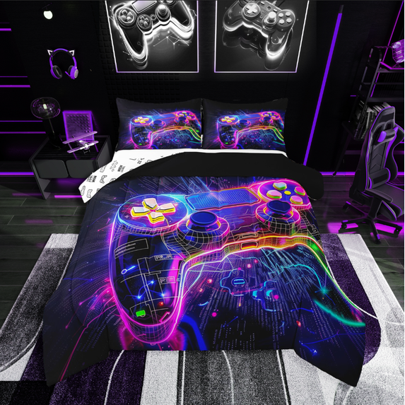 Manfei Video Game 2pcs Bedding Comforter Set,Geometric Stripes Twin Comforter Sets,Black Purple Breathable Bedding Set,Lightweight Gamepads Bedroom Decoration,Reversible