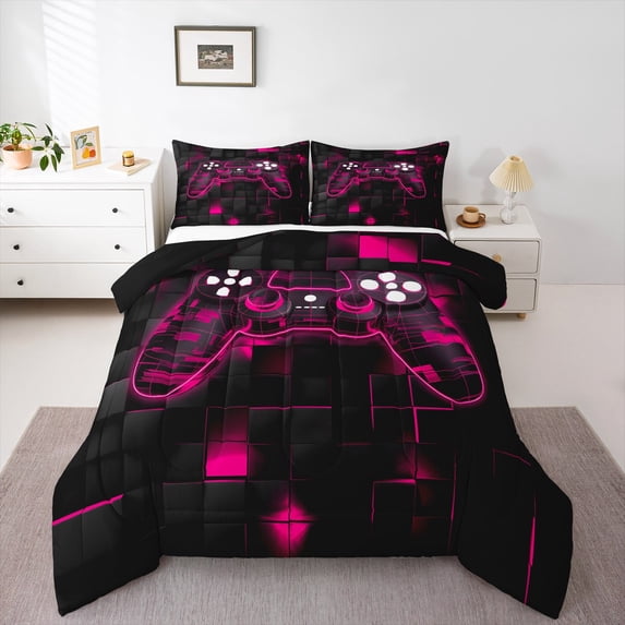 Manfei Video Game Full Size Comforter Sets,Game Gaming Bedding Comforter Set,Pink Geometric Geometry Bedding Sets For Boys Girls,Super Cozy Bedroom Decoration Reversible,3pcs