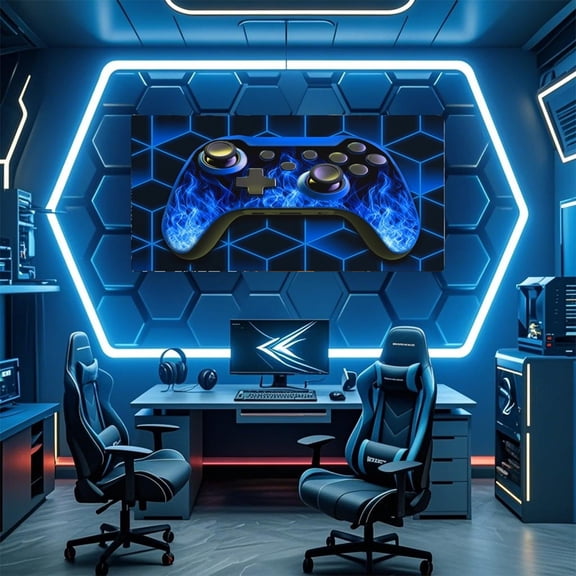 Manfei Video Game Theme Canvas Wall Art for Living Room, Blue Black Checkered Wall Hanging Decor Kitchen 38x19, Gamer Gaming Wall Decor for Bedroom Set 38x19, Luxurious Bedroom Decoration