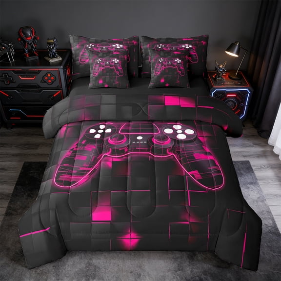 Manfei Video Game Twin Bedding Sets 7 Pieces,Game Gaming Bedding Comforter Set 7 Pieces,Pink Geometric Geometric Sheet Sets For Boys Girls,Super Cozy Bedroom Decoration Reversible