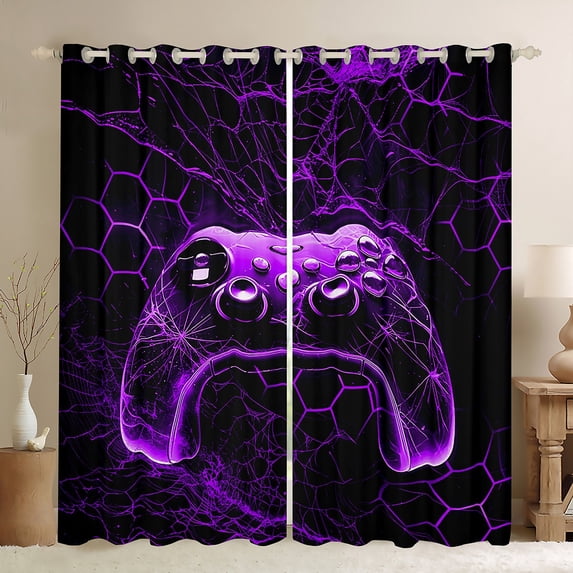 Manfei Video Gamepads Blackout Curtains Set of 2 (52x84 Each) for Teens Female Men,Geometric Honeycomb Window Curtains,Black Purple Gamepads Curtains and Drapes,Super Cozy Room Decor