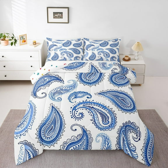 Manfei Vinatge Paisley Bedding Comforter Set,Boho bohemian Twin Comforter Sets,Blue White Bedding Set For Kids,Luxury Bedroom Decor Reversible,2pcs