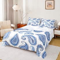 Manfei Vinatge Paisley Twin Sheet Sets,Boho bohemian Twin Fitted Sheet,Blue White Flat Sheet For Kids,Luxury Bedroom Decor,3pcs