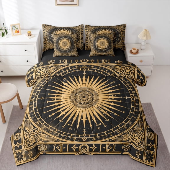 Manfei Vintae Boho Pattern 7-Piece Twin Bedding Sets,Retro Boho Bedding Comforter Set,Gold Black Sheet Sets For Boy Kids,Breathable Home Decor Reversible