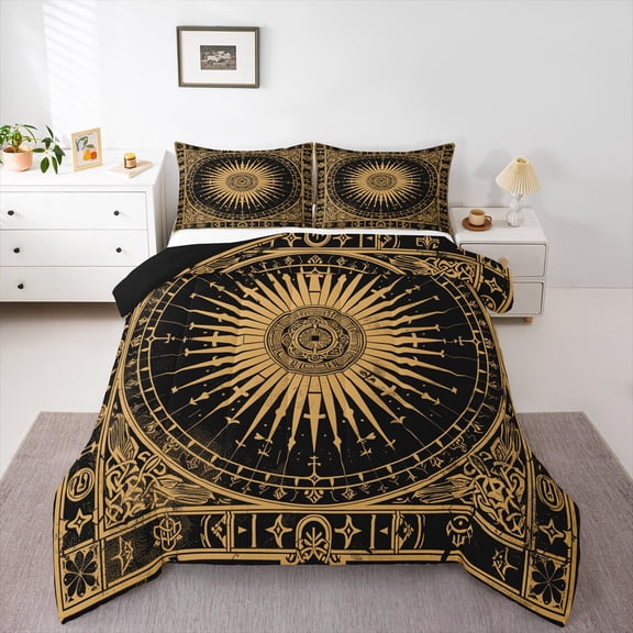 Manfei Vintae Boho Pattern Bedding Comforter Set,Retro Boho Twin Comforter Sets,Gold Black Bedding Set For Boy Kids,Breathable Home Decor Reversible,2pcs