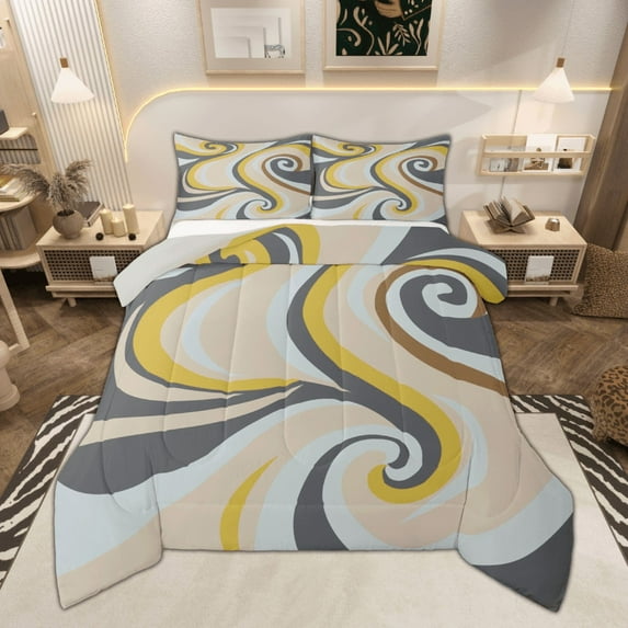 Manfei Vintage Abstract Art Bedding Comforter Set, Gray Blue Yellow Twin Comforter Sets, Geometric Wave Stripe Bedding Set, Ultra Soft Home Decor, 2pcs Reversible