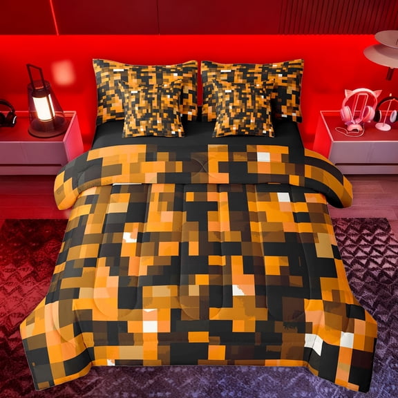 Manfei Vintage Abstract Geometric 7-Piece Bedding Comforter Set,Pixel Grid Print King Bedding Sets,Orange Black Bed Sheets For Boys,Super Cozy Room Decor Reversible