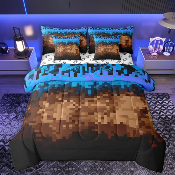 Manfei Vintage Abstract Geometric 7pcs Bedding Comforter Set,Pixel Grid Print Queen Bedding Sets,Blue Brown Queen Sheet Sets For Boys,Super Cozy Room Decor Reversible