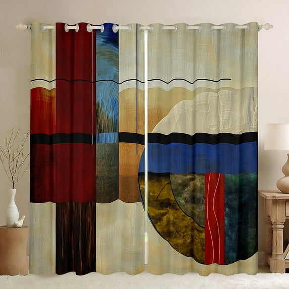 Manfei Vintage Abstract Geometric Black Out Curtains,Rustic Farmhouse Cabin Curtains Pack of 2 (42x63 Each),Beige Brown Red Bedroom Curtains For Adults,Ultra Soft Home Decor
