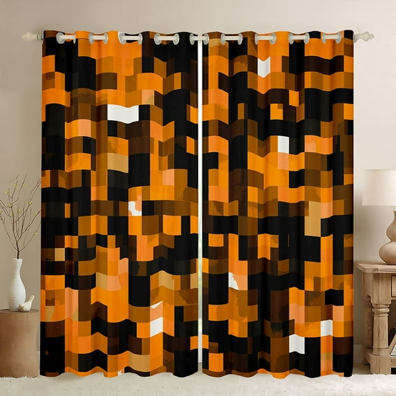 Manfei Vintage Abstract Geometric Blackout Curtains Set of 2 (52x84 Each),Pixel Grid Print Window Curtains,Orange Black Curtains and Drapes For Boys,Super Cozy Room Decor