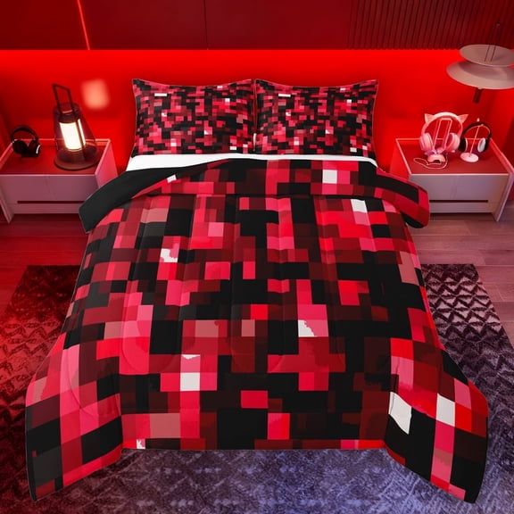 Manfei Vintage Abstract Geometric Full Size Comforter Sets,Pixel Grid Print Bedding Comforter Set,Red Black Bedding Sets For Boys,Super Cozy Room Decor Reversible,3-Piece