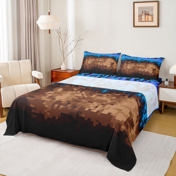 Manfei Vintage Abstract Geometric Full Size Sheets,Pixel Grid Print Bed Sheets,Blue Brown Sheet Sets For Boys,Super Cozy Room Decor,4pcs