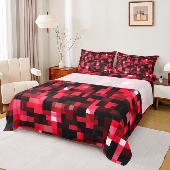 Manfei Vintage Abstract Geometric Twin Sheet Sets,Pixel Grid Print Twin Fitted Sheet,Red Black Flat Sheet For Boys,Super Cozy Room Decor,3pcs