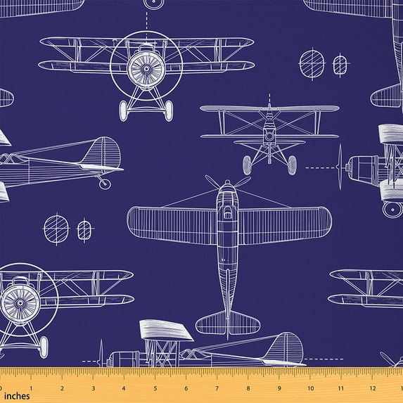 Manfei Vintage Airplane Fabric by the Yard (2 Yards), Plane Aircraft Decorative Fabric by the Yard, Navy Blue White Sewing & Crafting Fabric