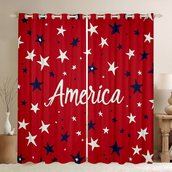 Manfei Vintage America Print Kitchen Curtains, Glitter Stars Black Out Curtains Pack of 2 (42x63 Each), Red White Blue