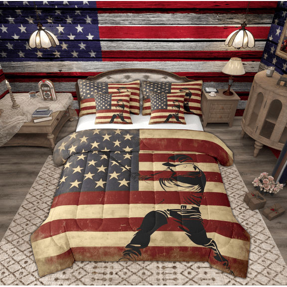Manfei Vintage American Flag Bedding Comforter Set 7pcs, Cartoon Baseball Athlete Queen Bedding Sets, Stripes Geometric Queen Sheet Sets, Super Cozy Room Decor
