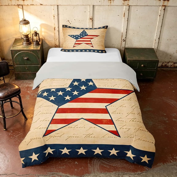 Manfei Vintage American Flag Twin Duvet Cover, Fourth of July Twin Bedding, Red White Blue, Gray Reversible 2pcs, 1 Duvet Cover and 1 Pillowcase